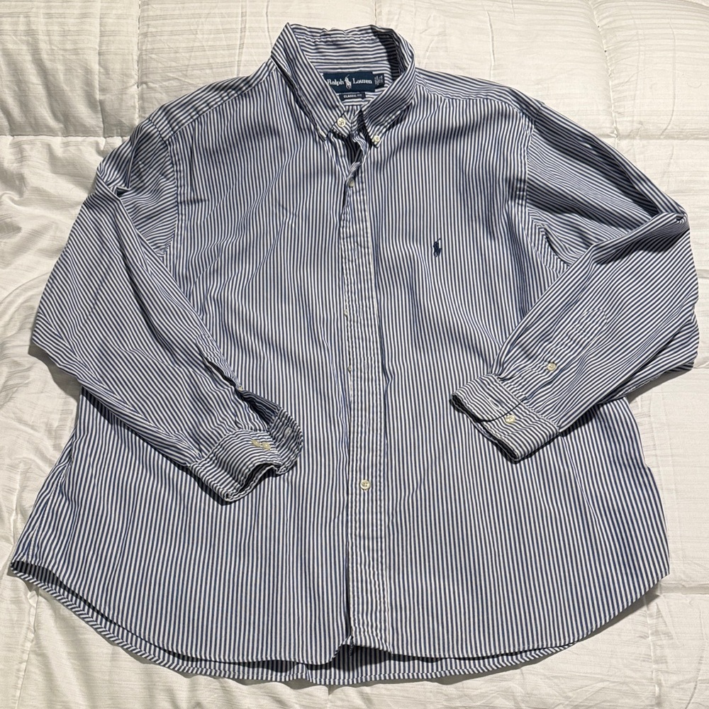 Ralph Lauren Men's Shirt with Navy and White Stripes